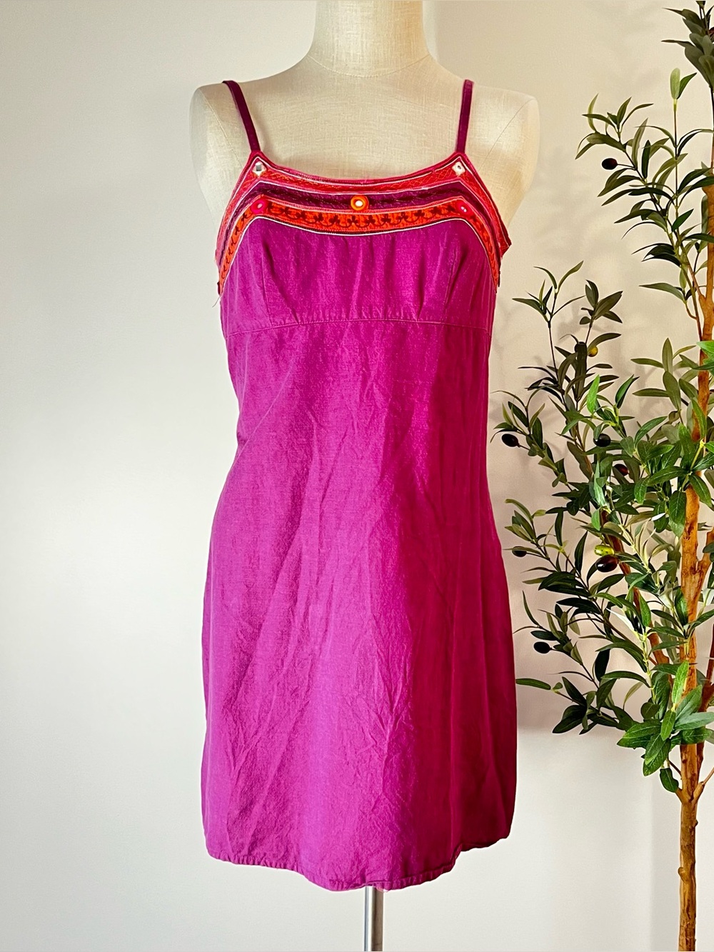 100% Cotton Spaghetti Strap Fuchsia Embroidered Sundress